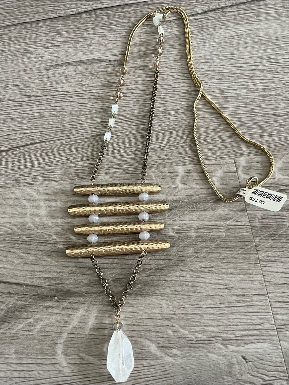 Stunning Hammered Bar Necklace with Gemstones and White Crystal Pendant